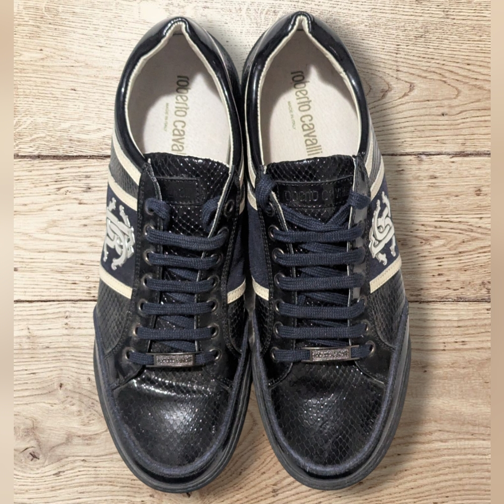 Men's Roberto Cavalli Croc Print laced up sneakers blue and black Sz 46 (US 12)